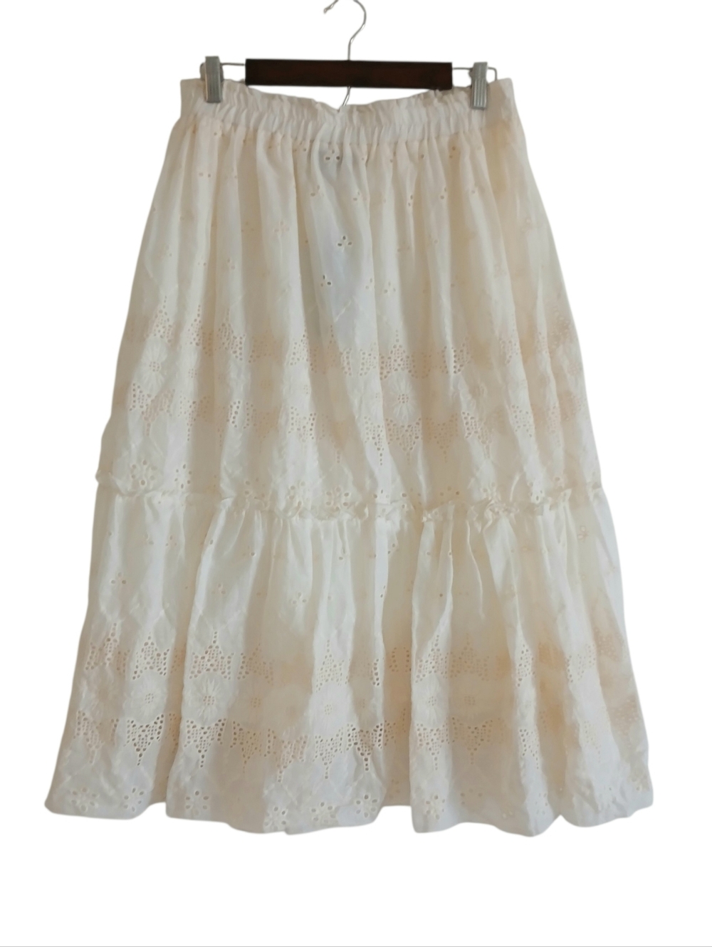 NEW LIV LOS ANGELES 100% Cotton Ivory Sunflowrr Eyelet Skirt Women's L Tiered